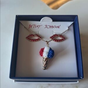 Betsey Johnson Patriotic Ice Cream Cone Necklace and Red Lips Earrings Set